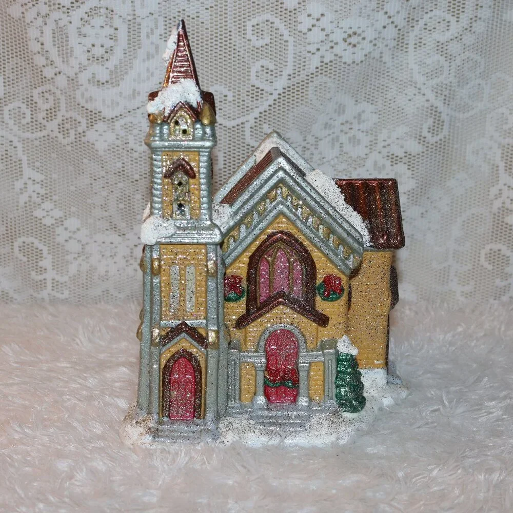 Christmas Village church handpainted ceramic *lighted cord is NOT included*